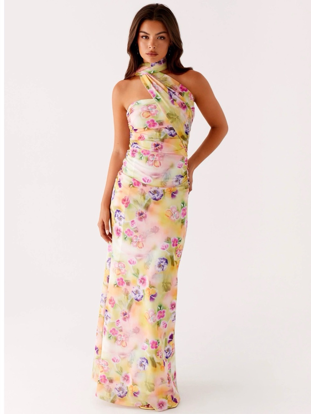 Peppermayo Floral Halter Maxi Dress in Pastel Yellow, Pink, Purple